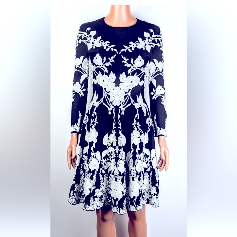 Alexander McQueen Black and White Long Sleeve Fit and Flare Dress